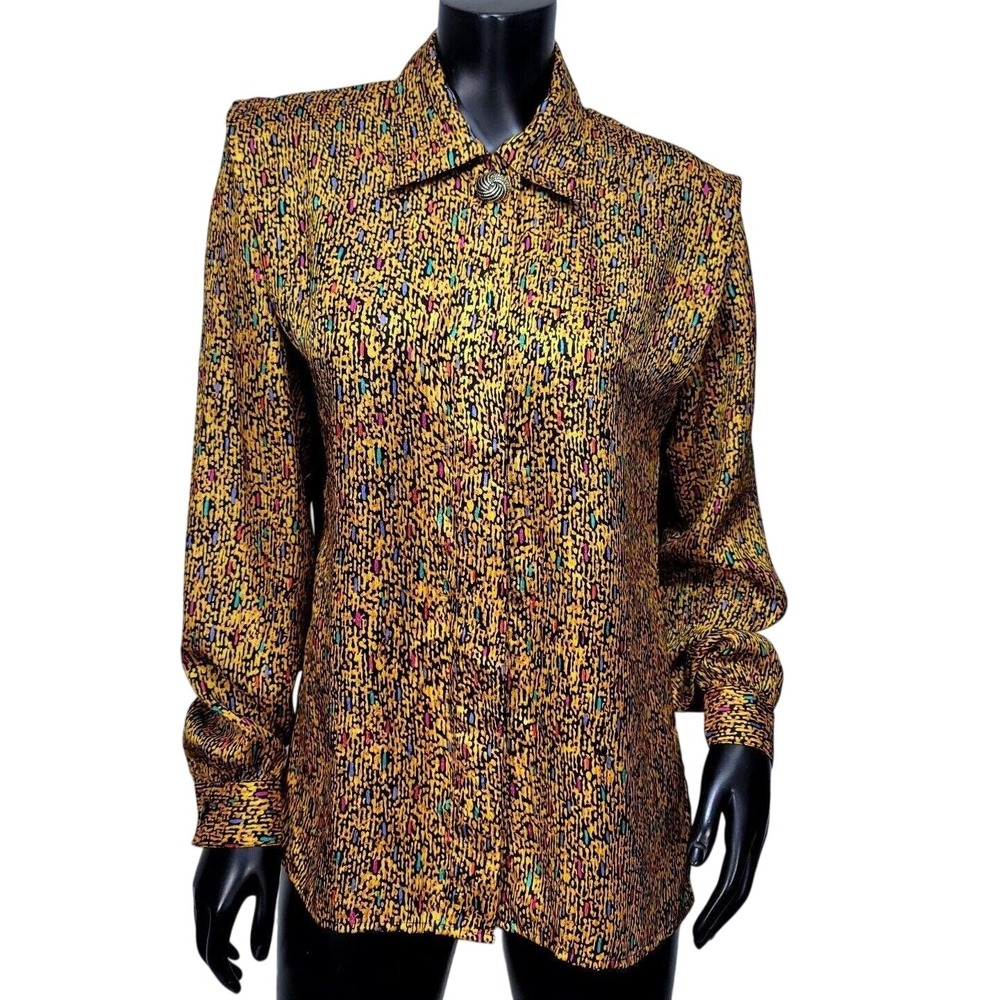 Notations Vintage 80s 90s Gold Abstract Confetti Print Button Up Blouse Art Deco